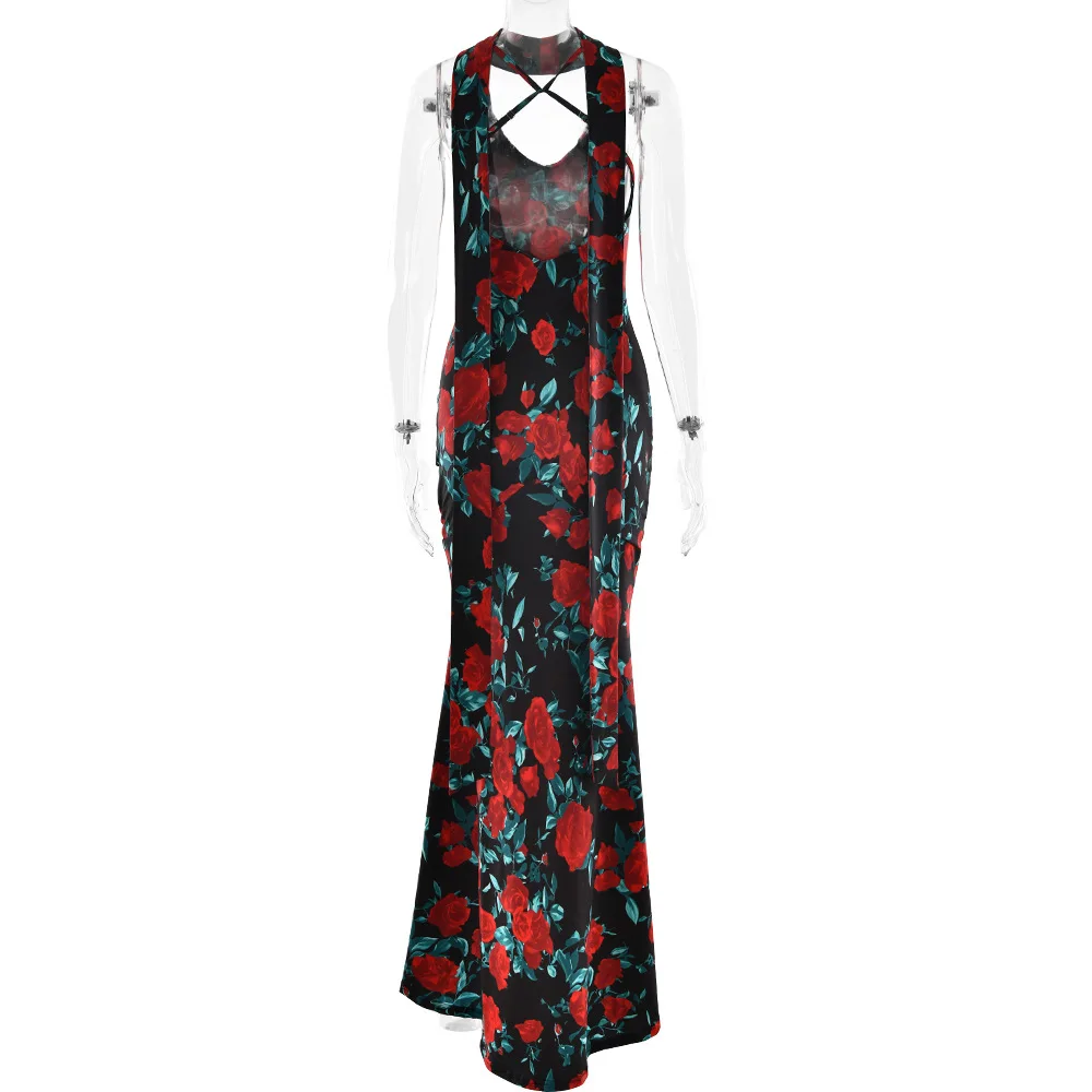 V-Neck Red Rose Evening Gown for Formal Events | Elegant Dresses