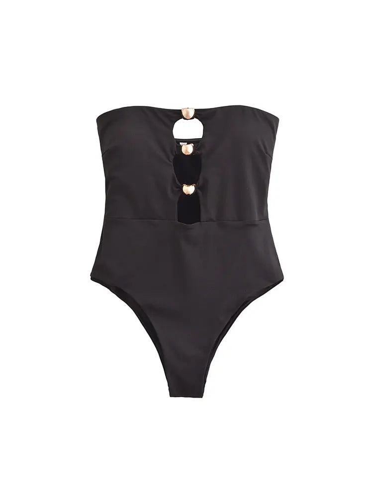 Gold-Trimmed Bandeau Swimsuit for Summer Events | Bodysuits