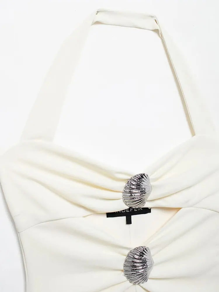 White Halter with Silver Shell Appliqués for Festivals | Halter Tops