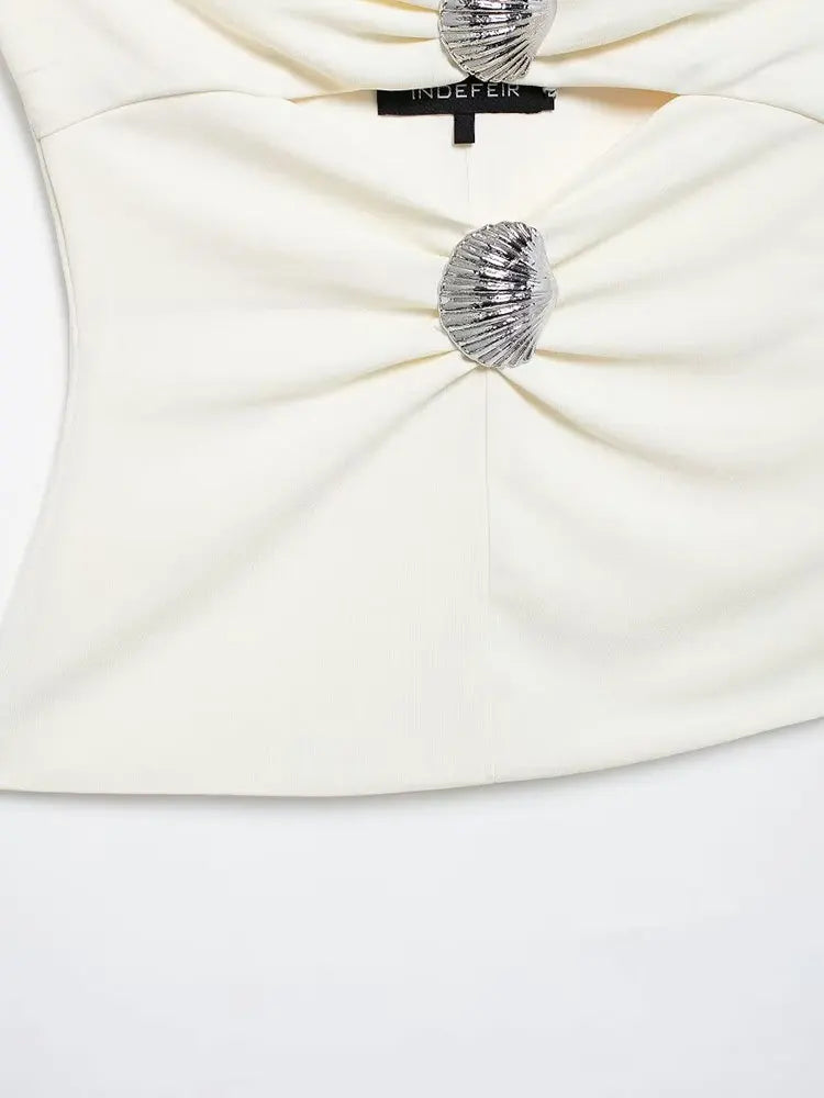 White Halter with Silver Shell Appliqués for Festivals | Halter Tops