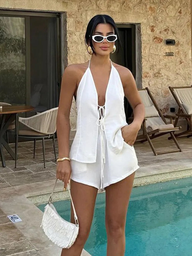 Casual Beach Halter Set & High-Waisted Shorts | Matching Sets