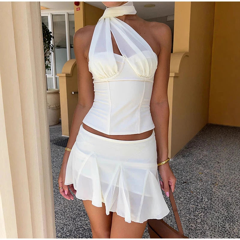 Chiffon Halter Bustier and Pleated Skirt Matching Set | Matching Sets
