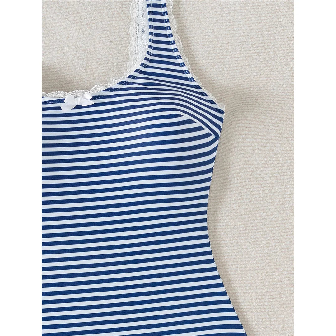 Striped One-Piece Swimsuit with Lace Detailing | One Piece Swimsuit