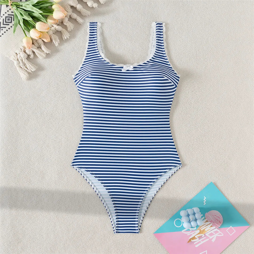 Striped One-Piece Swimsuit with Lace Detailing | One Piece Swimsuit