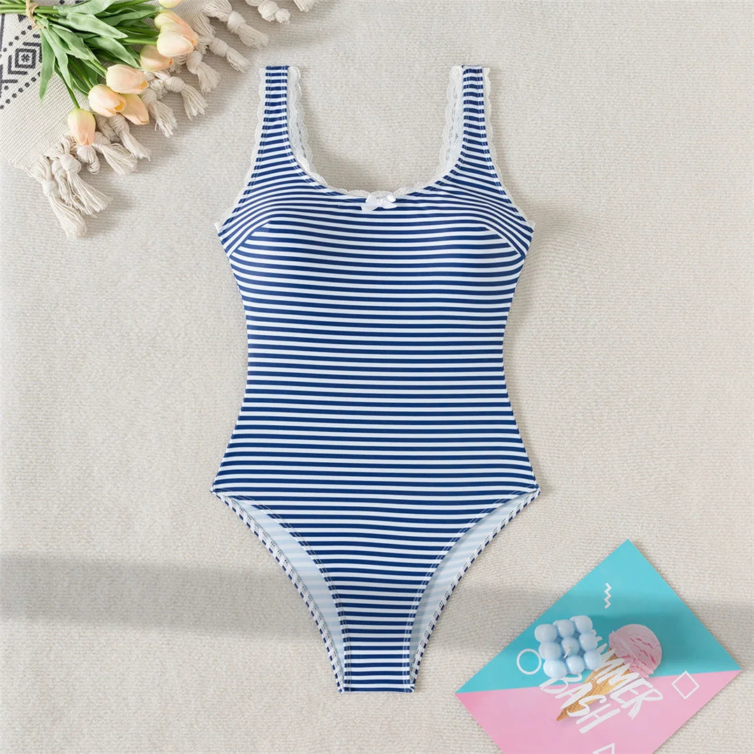 Striped One-Piece Swimsuit with Lace Detailing | One Piece Swimsuit