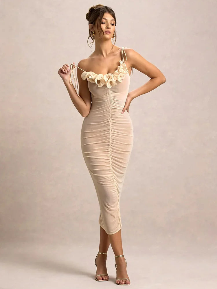 Sheer Ruched Ruffle Midi Dress for Special Party Events | Party Dresses