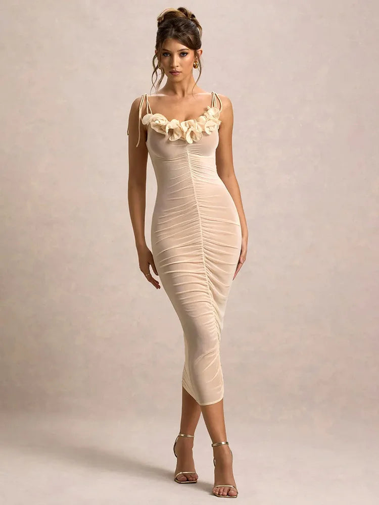 Sheer Ruched Ruffle Midi Dress for Special Party Events | Party Dresses