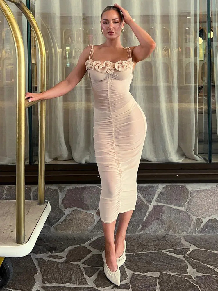 Sheer Ruched Ruffle Midi Dress for Special Party Events | Party Dresses