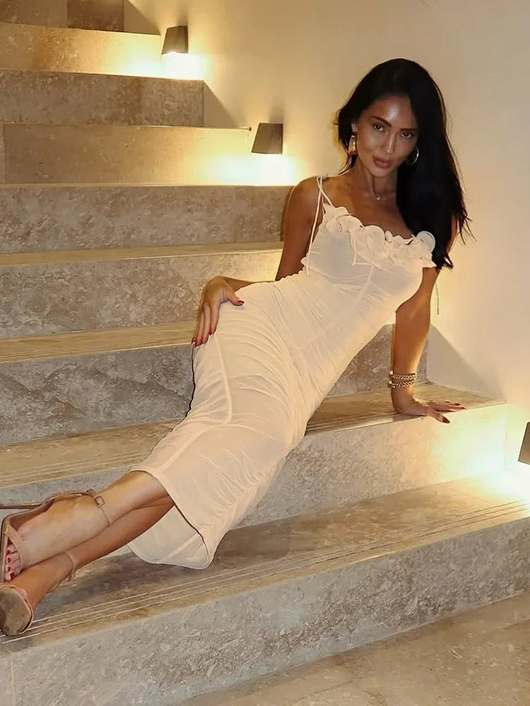 Sheer Ruched Ruffle Midi Dress for Special Party Events | Party Dresses