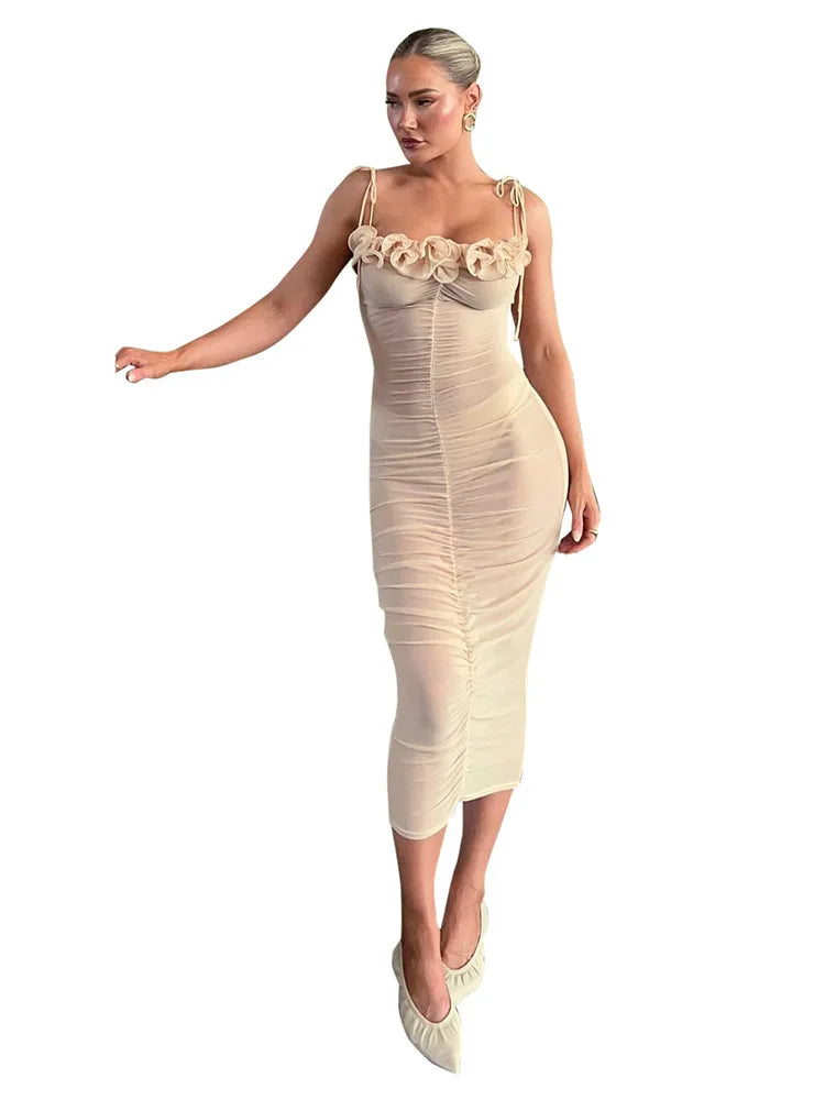 Sheer Ruched Ruffle Midi Dress for Special Party Events | Party Dresses