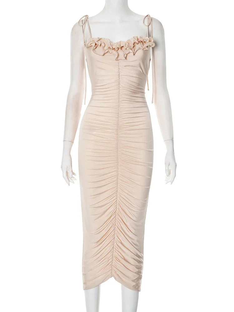 Sheer Ruched Ruffle Midi Dress for Special Party Events | Party Dresses