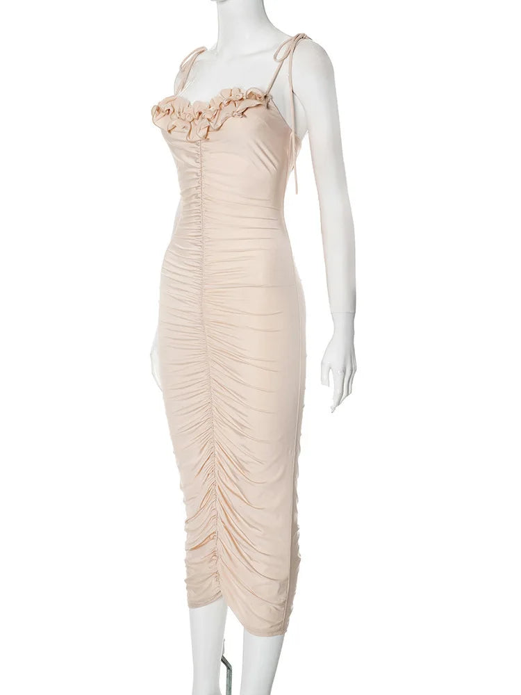 Sheer Ruched Ruffle Midi Dress for Special Party Events | Party Dresses