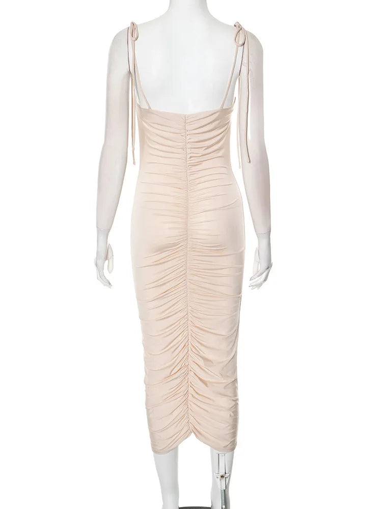 Sheer Ruched Ruffle Midi Dress for Special Party Events | Party Dresses
