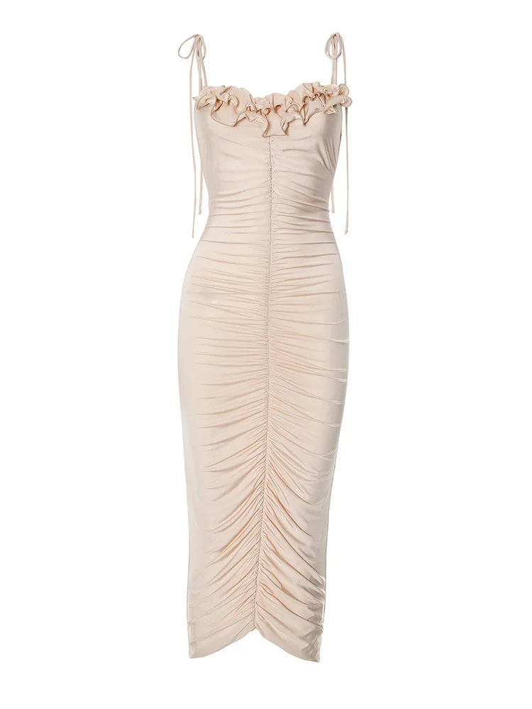 Sheer Ruched Ruffle Midi Dress for Special Party Events | Party Dresses