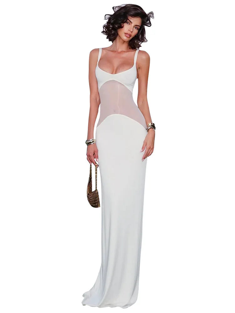 Scoop Neck White Mesh Panel Dress for Rooftop Parties | See-through Dresses