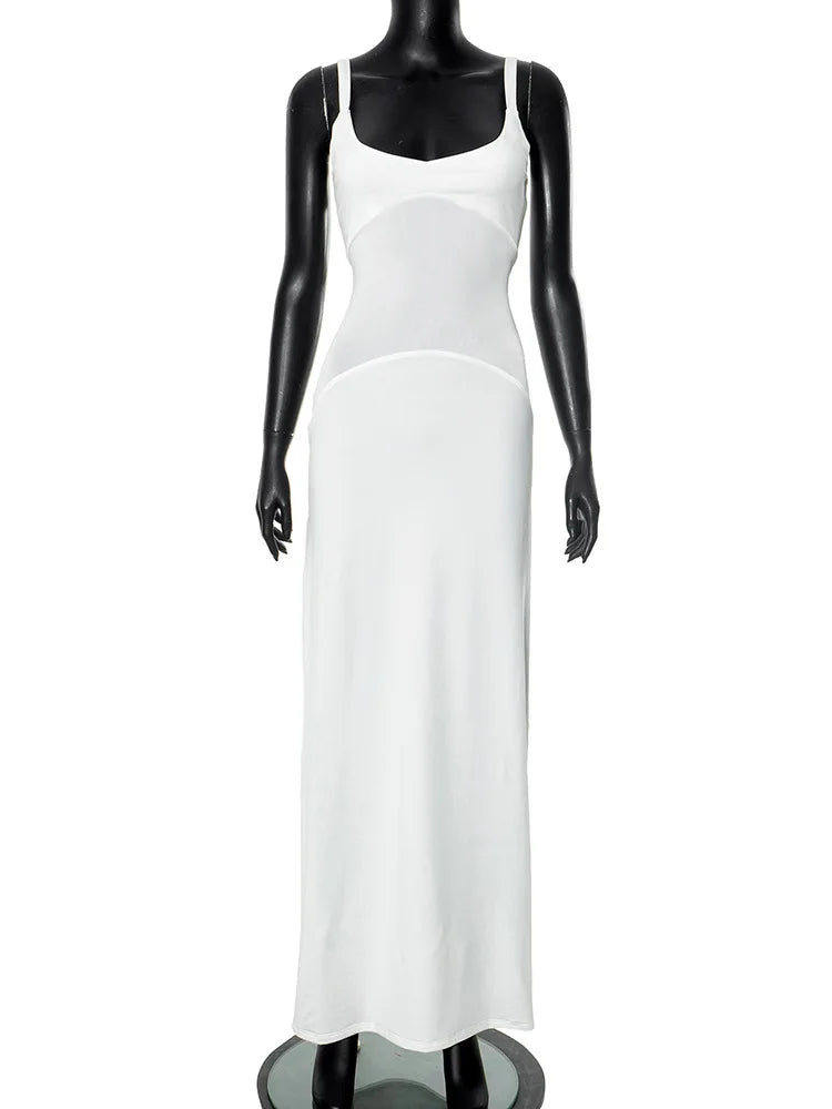 Scoop Neck White Mesh Panel Dress for Rooftop Parties | See-through Dresses