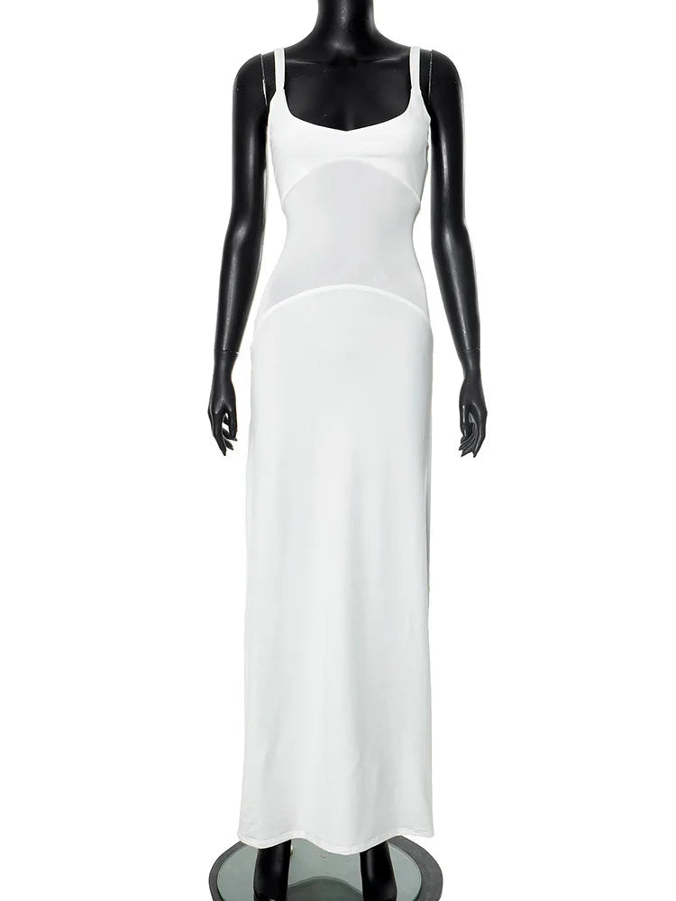 Scoop Neck White Mesh Panel Dress for Rooftop Parties | See-through Dresses