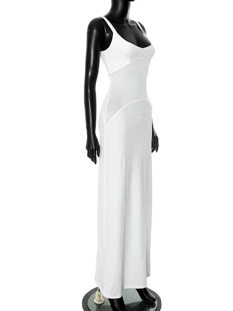 Scoop Neck White Mesh Panel Dress for Rooftop Parties | See-through Dresses