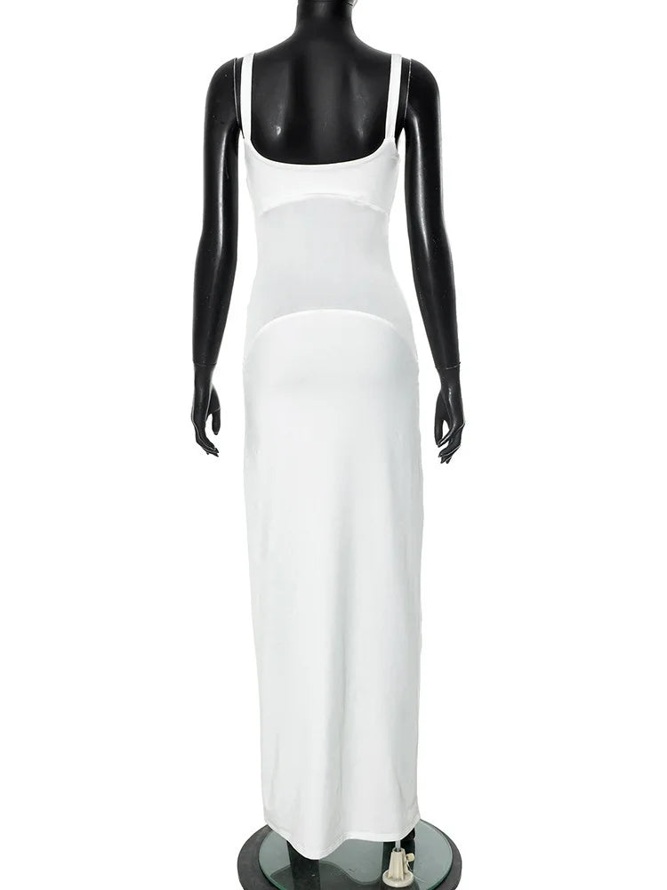 Scoop Neck White Mesh Panel Dress for Rooftop Parties | See-through Dresses