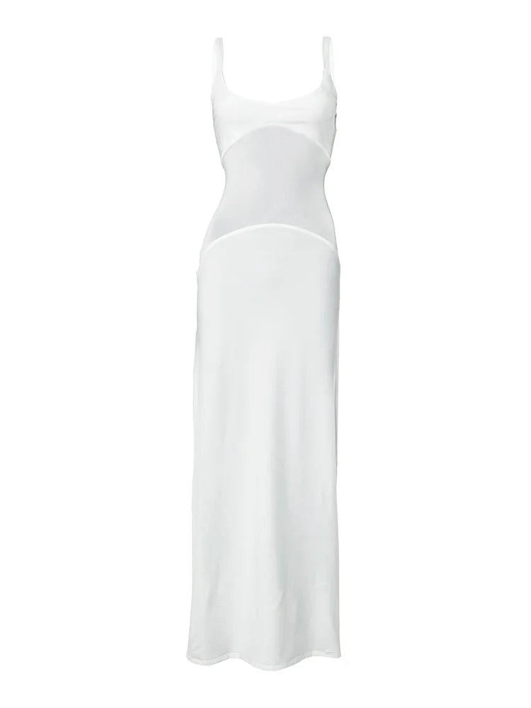 Scoop Neck White Mesh Panel Dress for Rooftop Parties | See-through Dresses