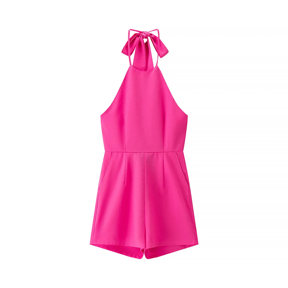Structured Hot Pink Playsuit with Bow Back for Summer Events | Rompers