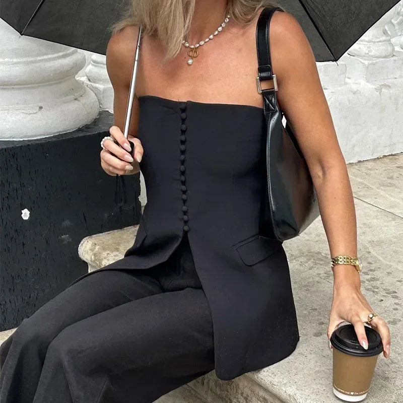 Tailored Strapless Black Top with Buttons and Flaps | Tube Tops