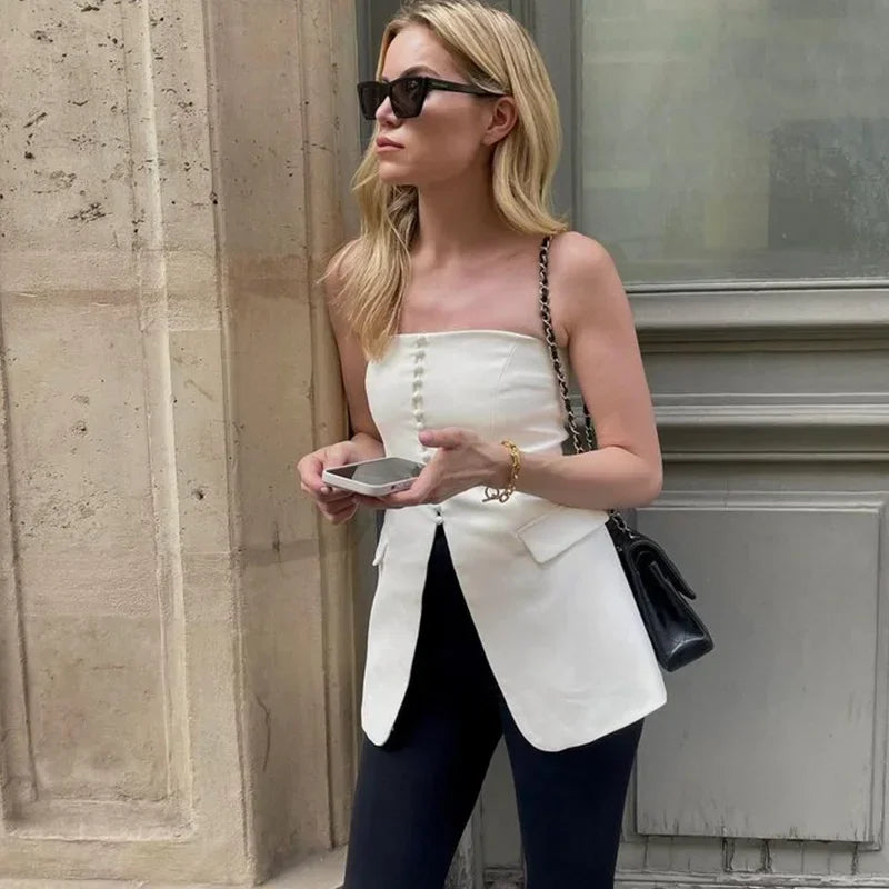 Tailored Strapless Black Top with Buttons and Flaps | Tube Tops