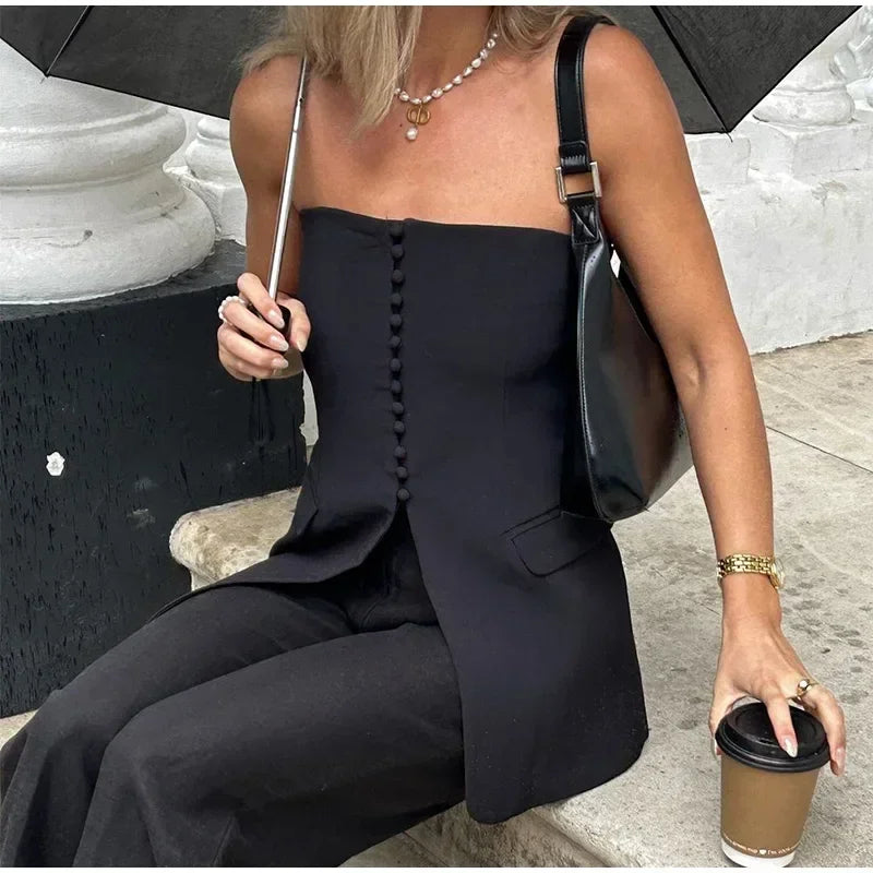 Tailored Strapless Black Top with Buttons and Flaps | Tube Tops