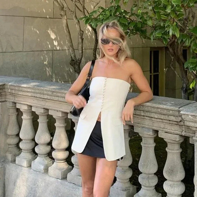 Tailored Strapless Black Top with Buttons and Flaps | Tube Tops