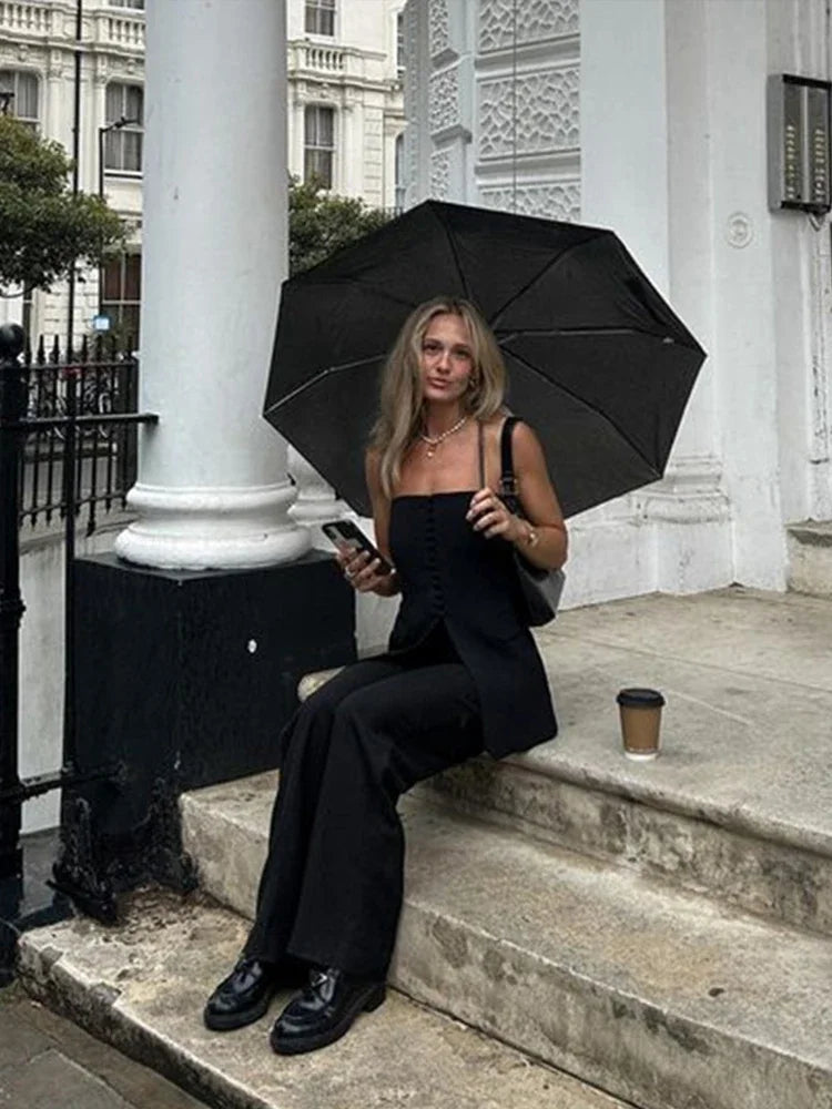 Tailored Strapless Black Top with Buttons and Flaps | Tube Tops