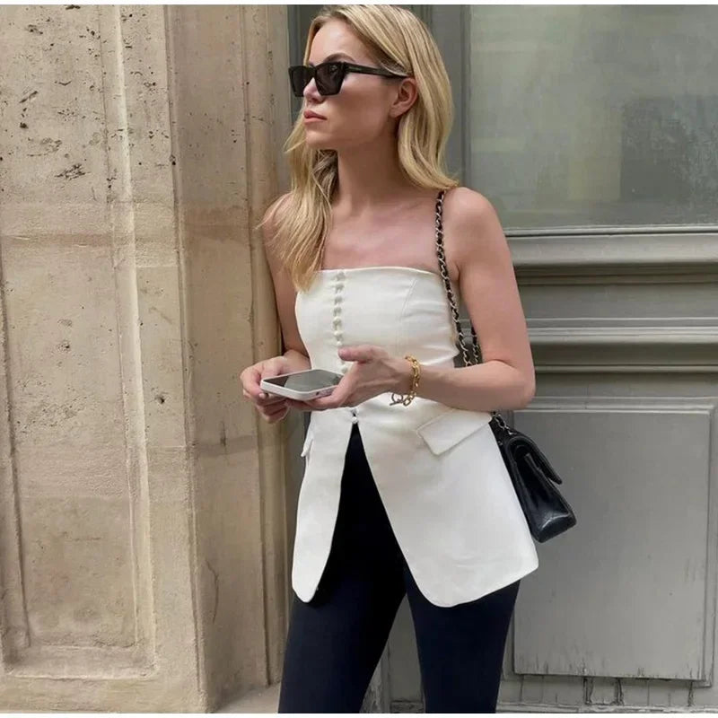 Tailored Strapless Black Top with Buttons and Flaps | Tube Tops