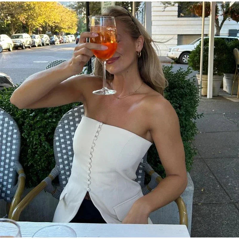 Tailored Strapless Black Top with Buttons and Flaps | Tube Tops