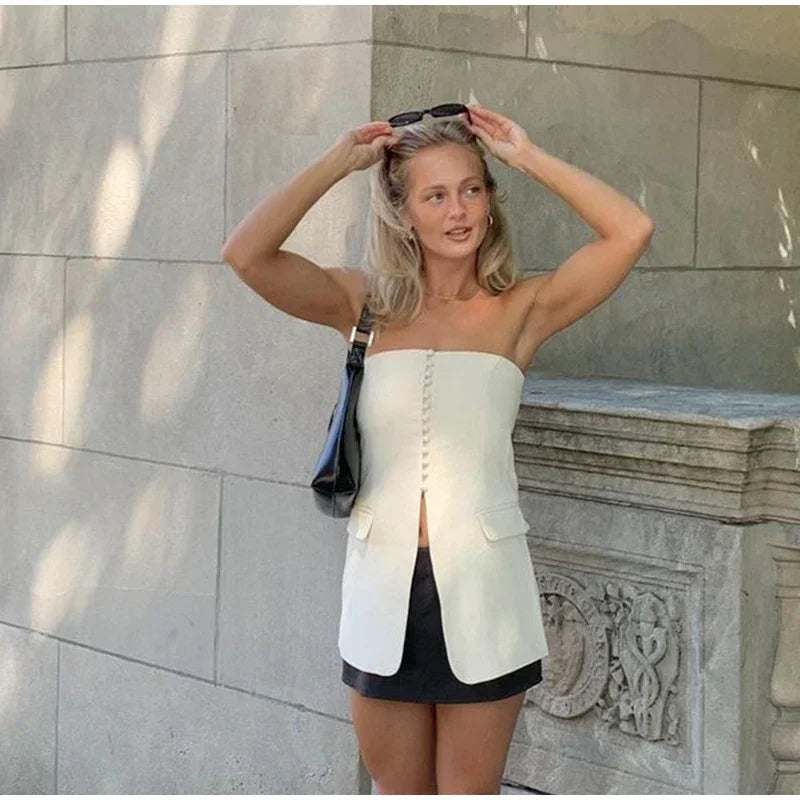 Tailored Strapless Black Top with Buttons and Flaps | Tube Tops