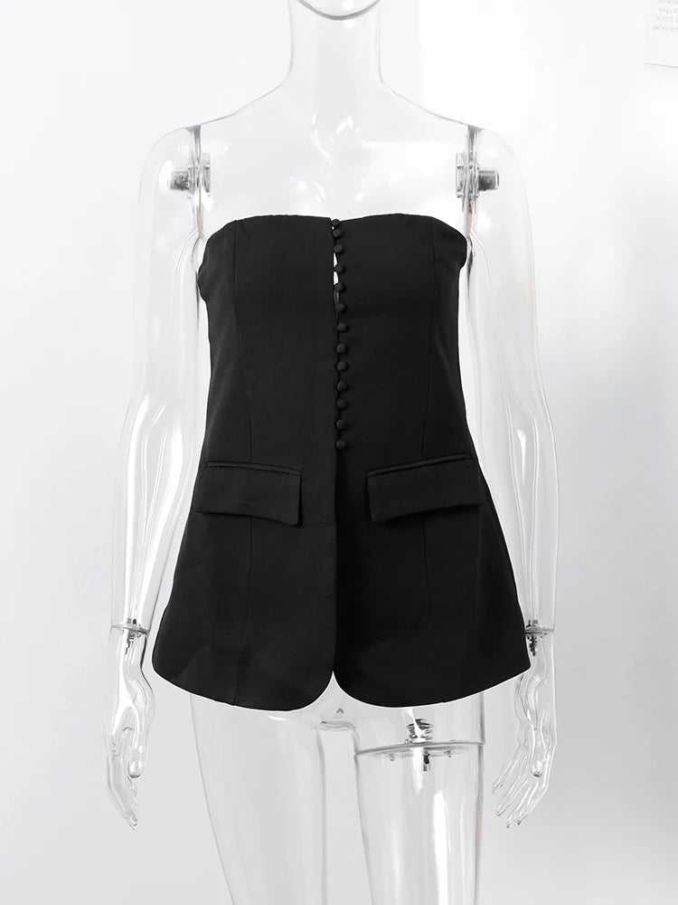 Tailored Strapless Black Top with Buttons and Flaps | Tube Tops