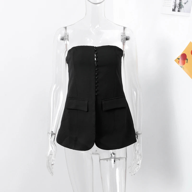 Tailored Strapless Black Top with Buttons and Flaps | Tube Tops