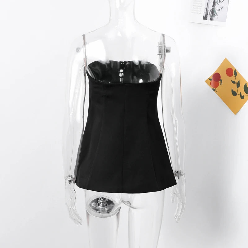Tailored Strapless Black Top with Buttons and Flaps | Tube Tops