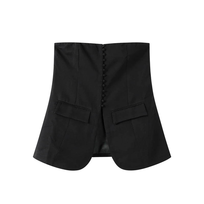 Tailored Strapless Black Top with Buttons and Flaps | Tube Tops