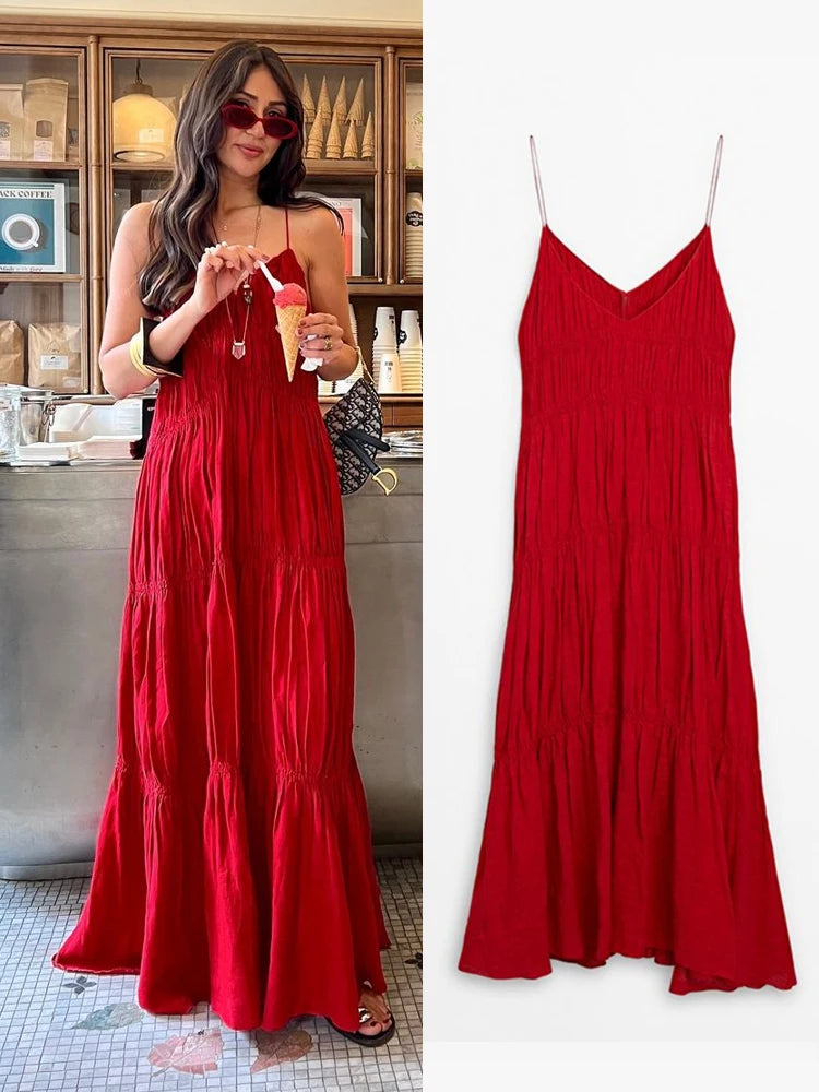 Flowy Red Tiered Maxi Dress for Summer Getaways | Maxi Dresses
