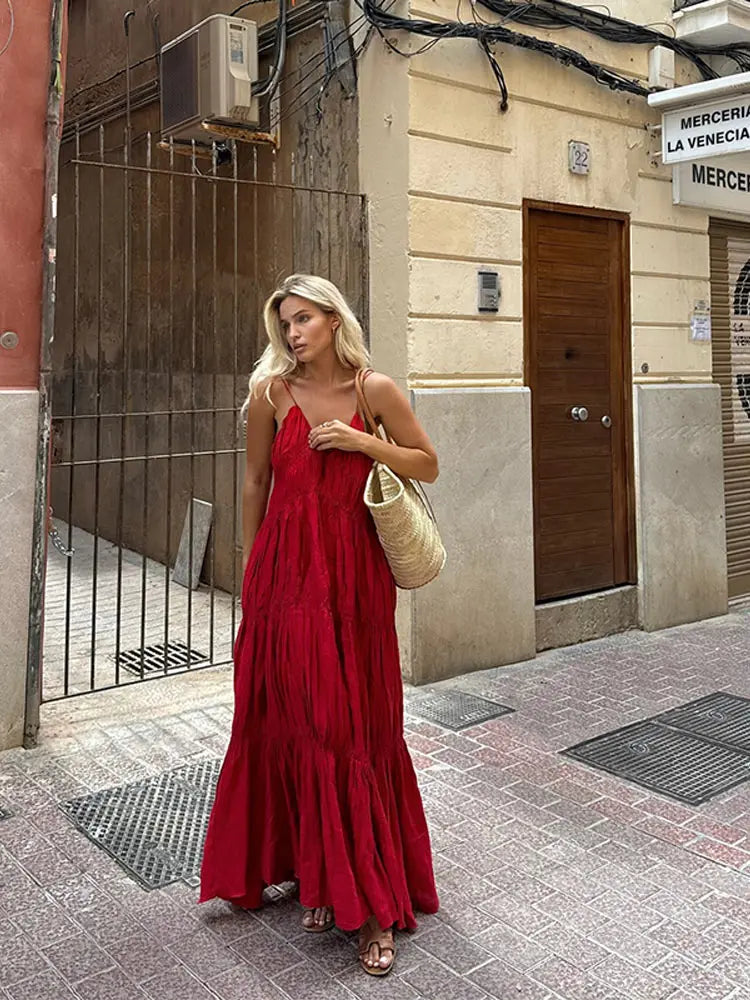 Flowy Red Tiered Maxi Dress for Summer Getaways | Maxi Dresses