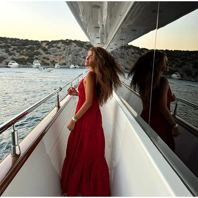 Flowy Red Tiered Maxi Dress for Summer Getaways | Maxi Dresses