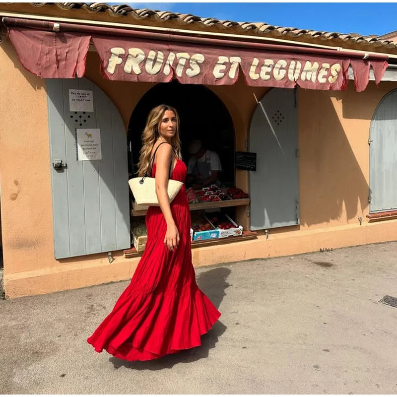 Flowy Red Tiered Maxi Dress for Summer Getaways | Maxi Dresses