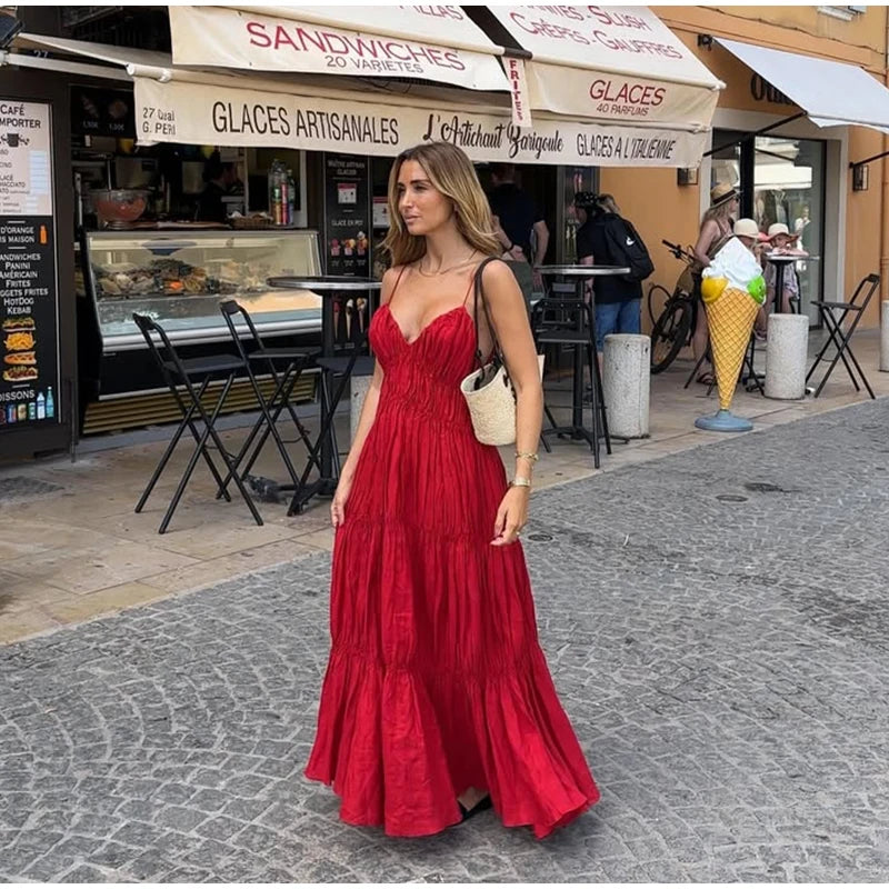 Flowy Red Tiered Maxi Dress for Summer Getaways | Maxi Dresses