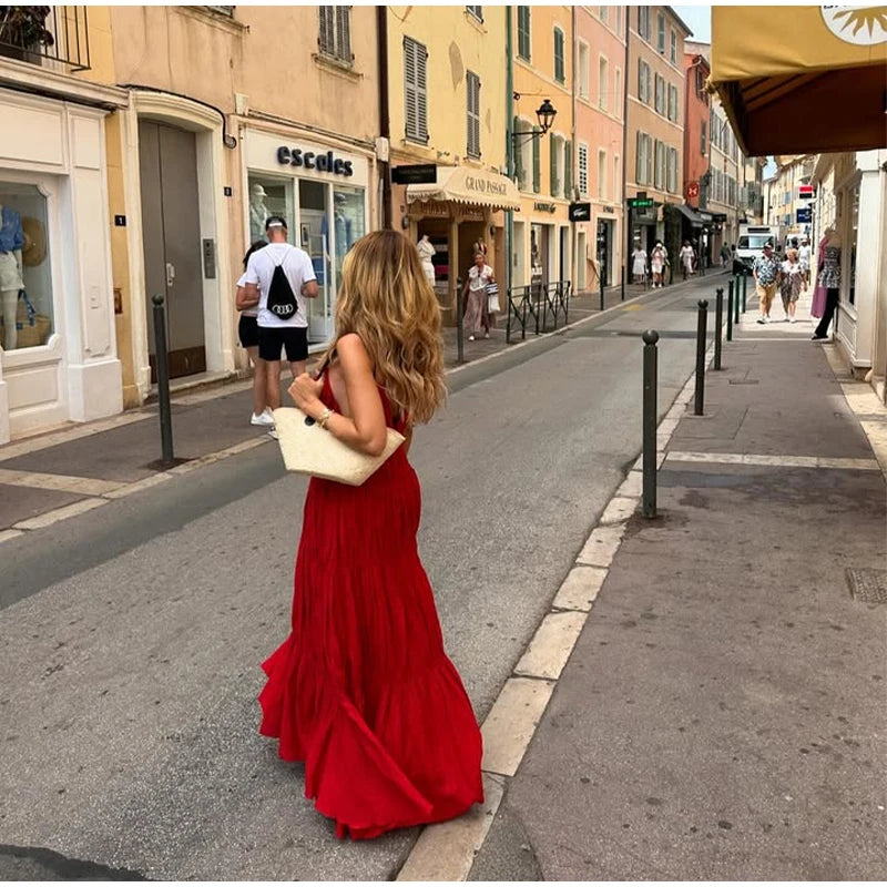 Flowy Red Tiered Maxi Dress for Summer Getaways | Maxi Dresses