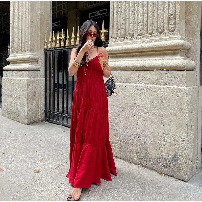 Flowy Red Tiered Maxi Dress for Summer Getaways | Maxi Dresses