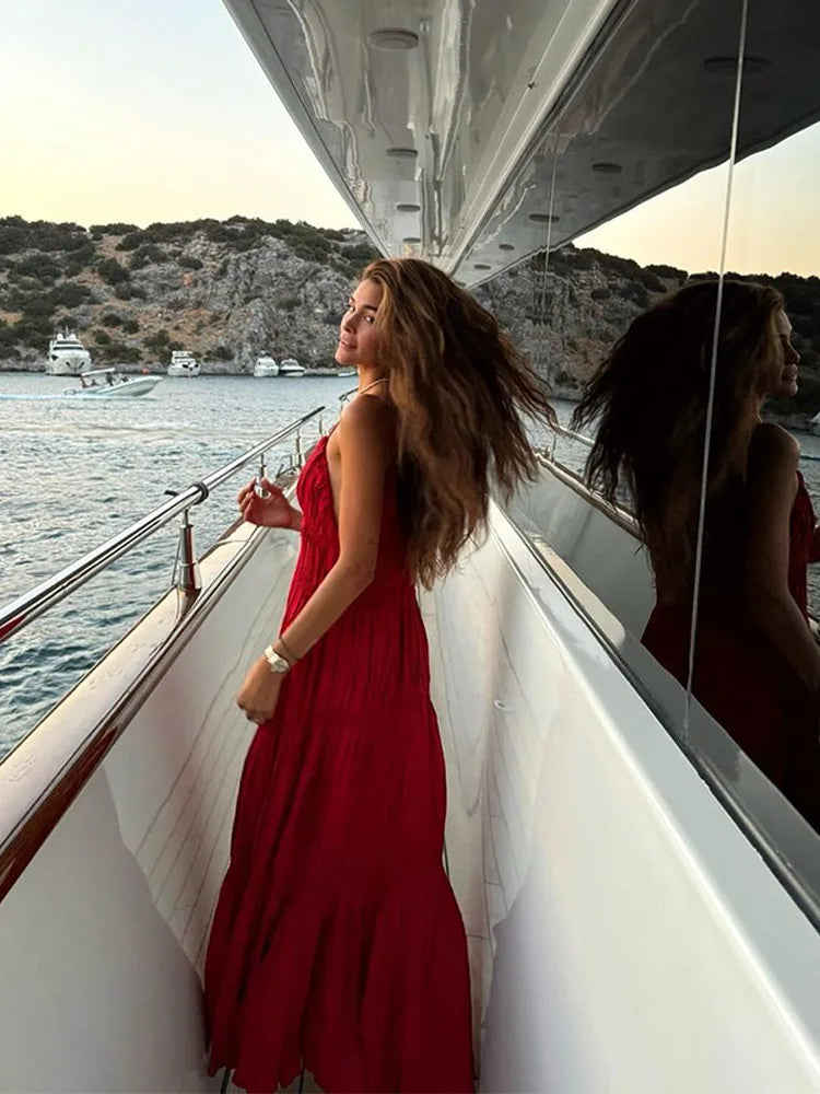 Flowy Red Tiered Maxi Dress for Summer Getaways | Maxi Dresses