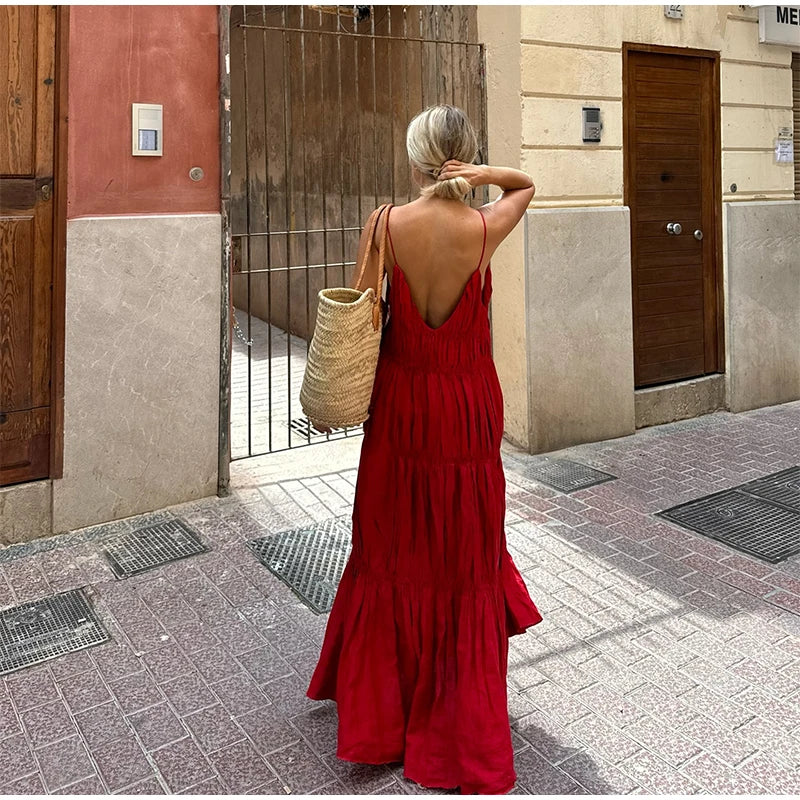 Flowy Red Tiered Maxi Dress for Summer Getaways | Maxi Dresses