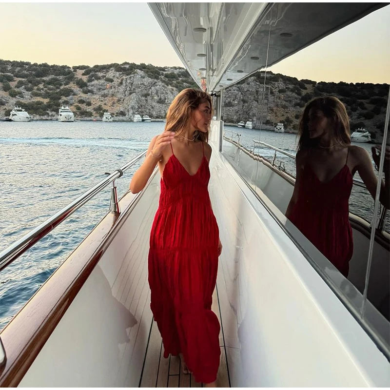 Flowy Red Tiered Maxi Dress for Summer Getaways | Maxi Dresses