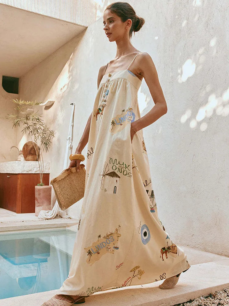 Printed Maxi Sundress with Mykonos Art for Summer | Maxi Dresses