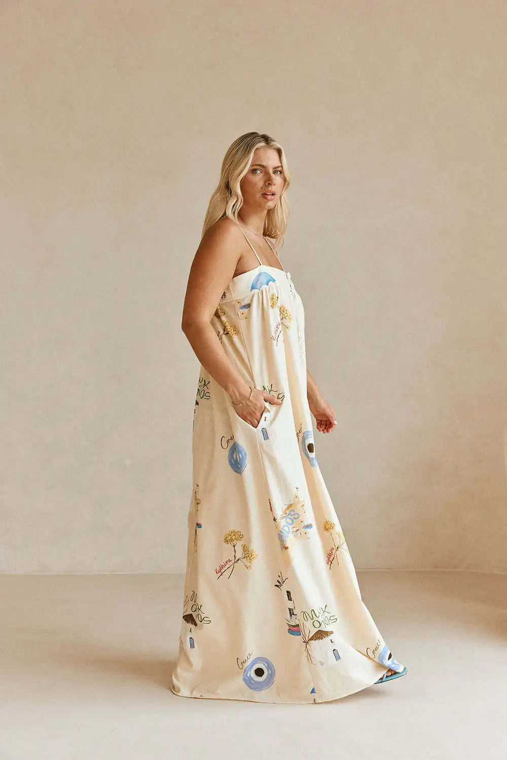 Printed Maxi Sundress with Mykonos Art for Summer | Maxi Dresses