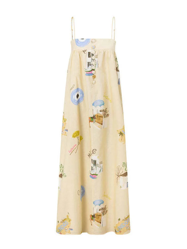 Printed Maxi Sundress with Mykonos Art for Summer | Maxi Dresses